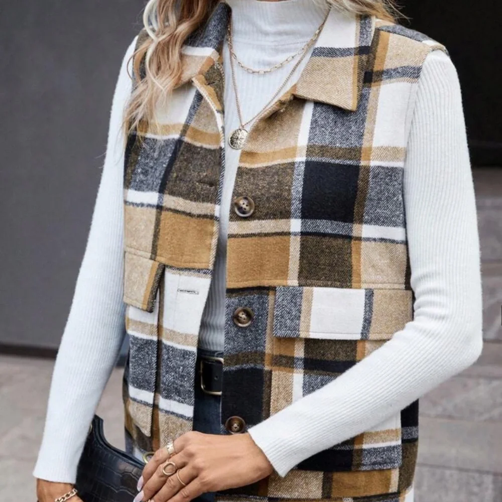 New plaid button down sleeveless vest jacket - Picture 2 of 5